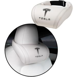 Car Headrest Neck Pillow Support Memory Foam Ergonomic Design Accessory for Driving Seat Fatigue Relief Compatible with Model S X 3 Y & Cybertruck - 1 Piece (B. White Ver. 2)