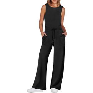 ANRABESS Womens Jumpsuits 2025 Summer Casual Dressy Romper Sleeveless Wide Leg Long Pants One Piece Outfits Vacation Clothes (Medium, Black)