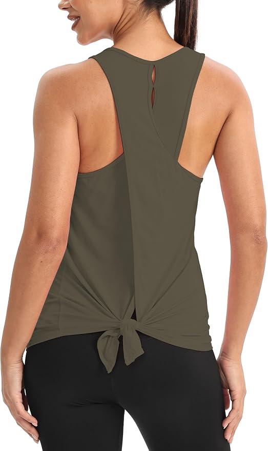 Mippo Lightweight Open Back Tank Top Workout, Moisture Wicking, Loose Fit, Crew Neck, Racerback, Sleeveless Shirts for Women, L