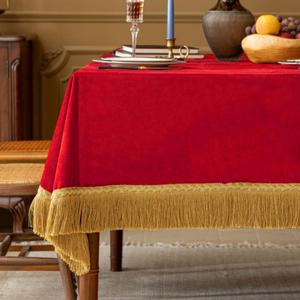 F-CHU Red Tablecloth Thickset Velvet Tablecloth with Beautiful Gold Tassels Vintage Table Cloth for Home Decor Wedding, Party, Banquet and Events 60x86-Inch