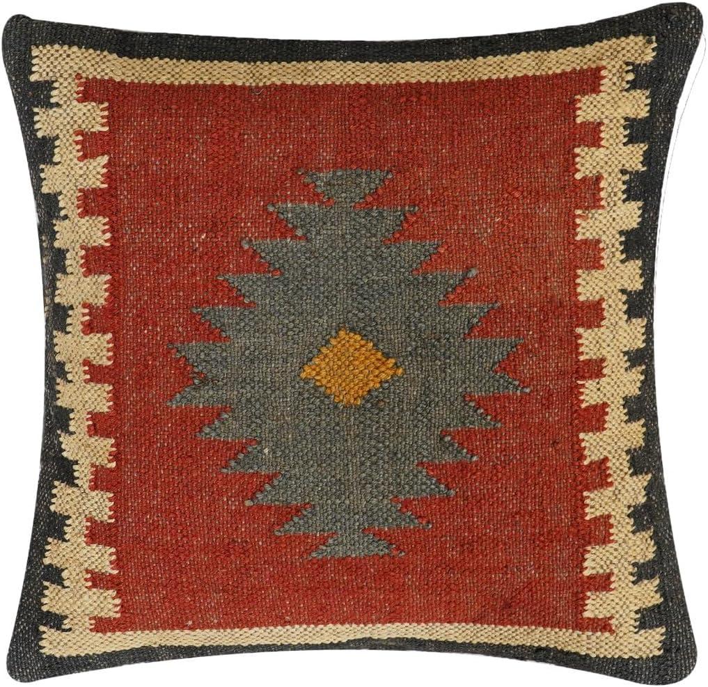 Wool Cushion Cover Handwoven Kilim Pillow Cover Ethnic Square Cushions Boho Home Decor Pillows for Living Room Indian Authentic Rug Cushion Case Vintage Sofa (PATTERN-03)