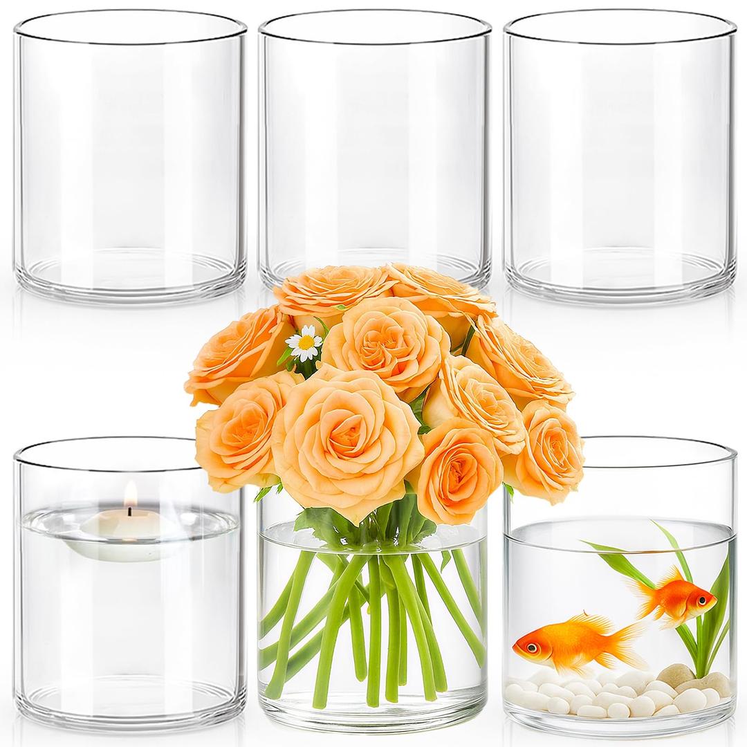 TBWIND 6Pcs Glass Cylinder Vases for Centerpieces, 6" x 4.7" Wide Mouth Flower Vase Hurricane Glass Candle Holders, Clear Vases Bulk with 2 Floral Tapes for Floating Candles Wedding Party Home Decor