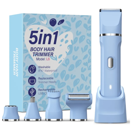 5-in-1 Bikini Trimmer for Women, IPX7 Waterproof Electric Razors Shaver, Cordless Body Hair Trimmer, Facial & Pubic Hair Removal, Ceramic Blade (Sky Blue)