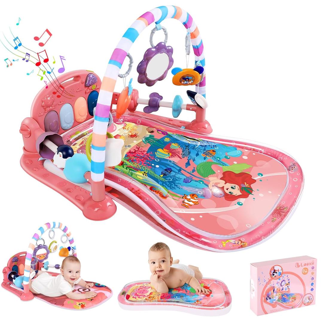 Looxii 2 in 1 Baby Play Gym with Tummy Time Water Play Mat, Kick and Play Piano Gym with Sound and Lights for Newborn, Floor Activity Gym with Hanging Toys 0 3 6 12 Months Girl & Boy (33.5*25.6", Pink)