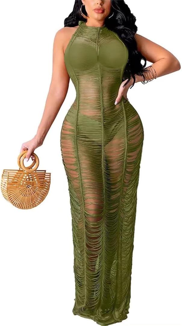 Women Sexy Crochet Swimsuit Cover Up Halter V Neck Backless See Through Long Maxi Dress Summer Beach Bikini Cover Ups (Small)
