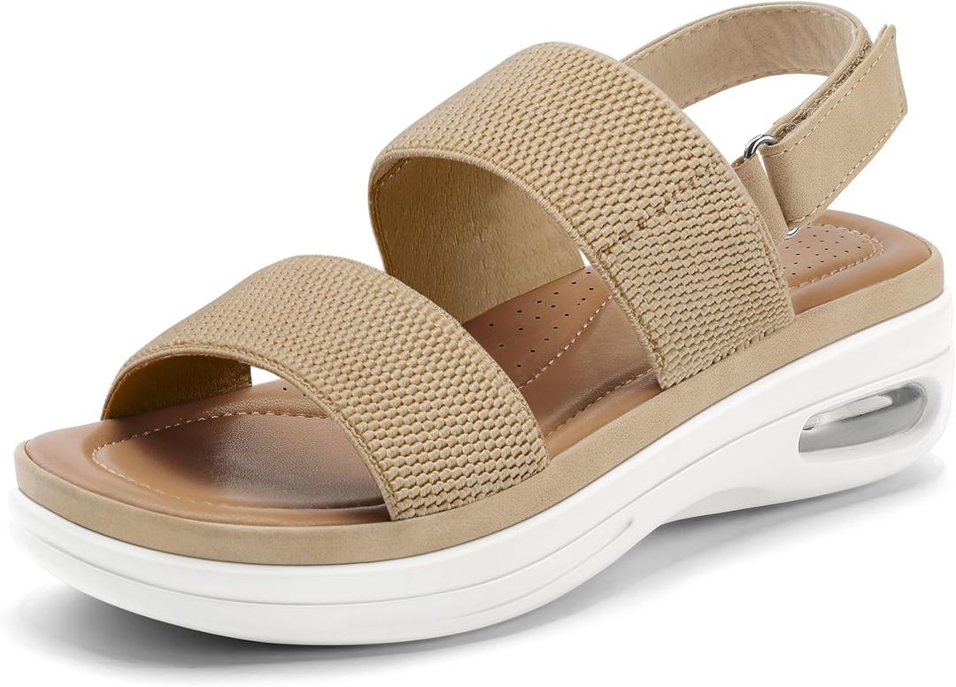 mysoft Women's Walking Sandals Comfortable Air Cushion Platform Elastic Ankle Strap Open Toe Ourdoor Summer Shoes (8.5 Wide, Khaki)