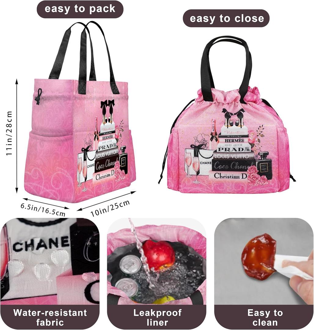 Fashion Lunch Bag for Women Pink Floral Reusable Drawstring Insulated Lunch Bag, Leakproof Stain-Resistant Large Capacity Tote Bags Grocery Shopping Bags for Work Picnic Travel