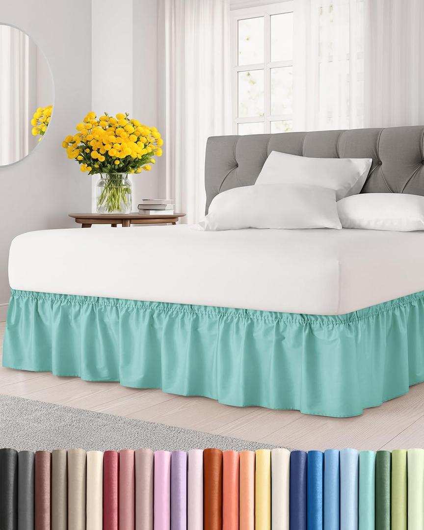 Wrap Around Dust Ruffle Bed Skirt - Spa Blue - for Queen Size Beds w/ 14 Inch Drop - Easy Fit Elastic Strap - Adjustable Pleated Bedskirt w/Brushed Fabric - Wrinkle Free - Women, Men, Kids & Teens