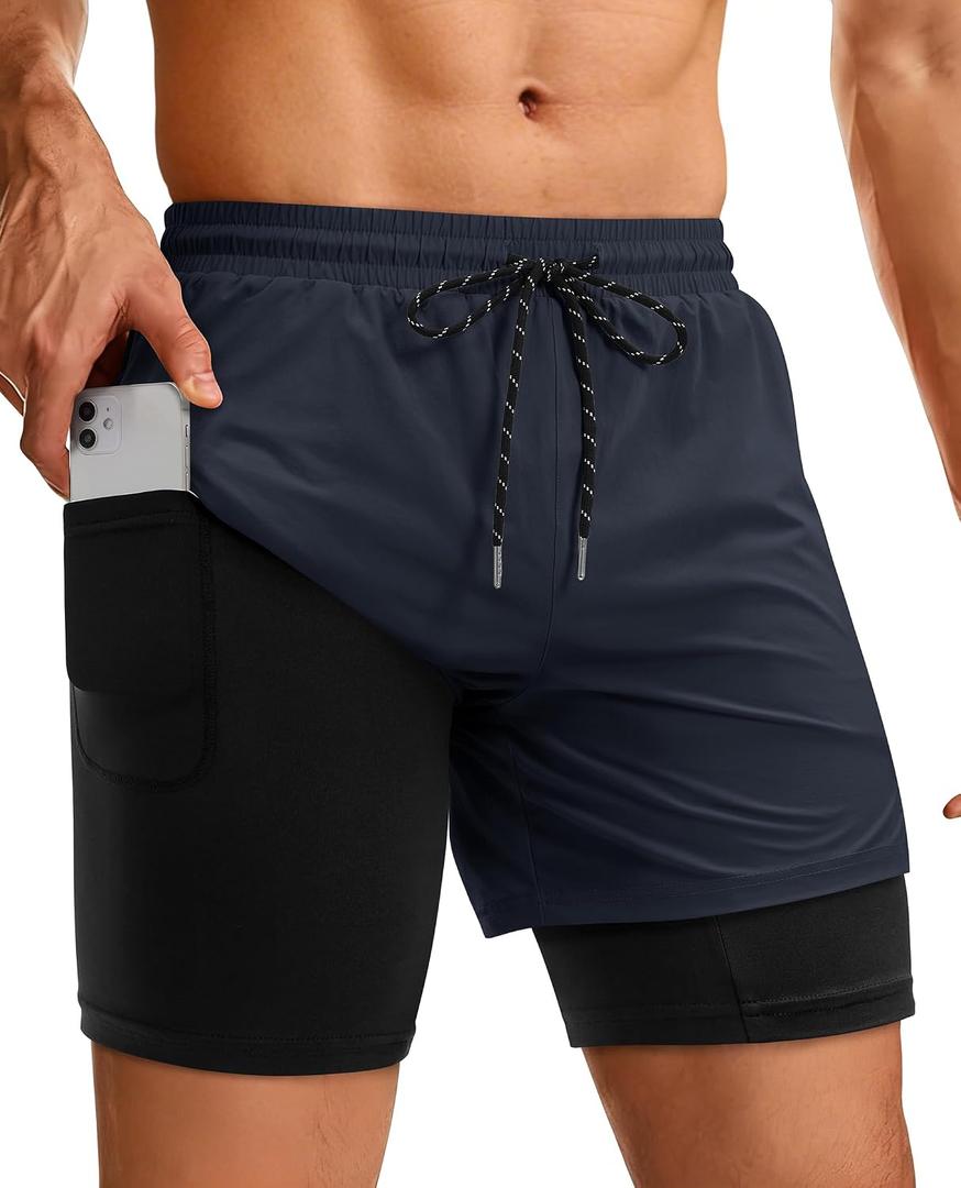 Mens Running Athletic Shorts with Zipper Pocket 5" Quick Dry 2 in 1 Liner Gym Sport Basketball Workout Swim (M)