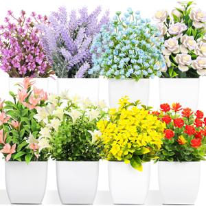 LELEE Artificial Plants Mini Fake Potted Plants, 8 pcs Small Eucalyptus Potted Faux Decorative Grass Plant with Flower for Home Decor, Indoor, Office, Desk, Shelf, Table Decoration