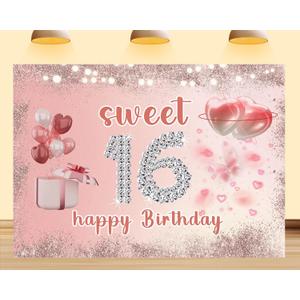 7X5ft Sweet 16 Backdrop Birthday Banner Blush Pink Diamond Glitter Background Decoration Girls 16th Birthday Party Dessert Table Decor Photo Booth Prop
