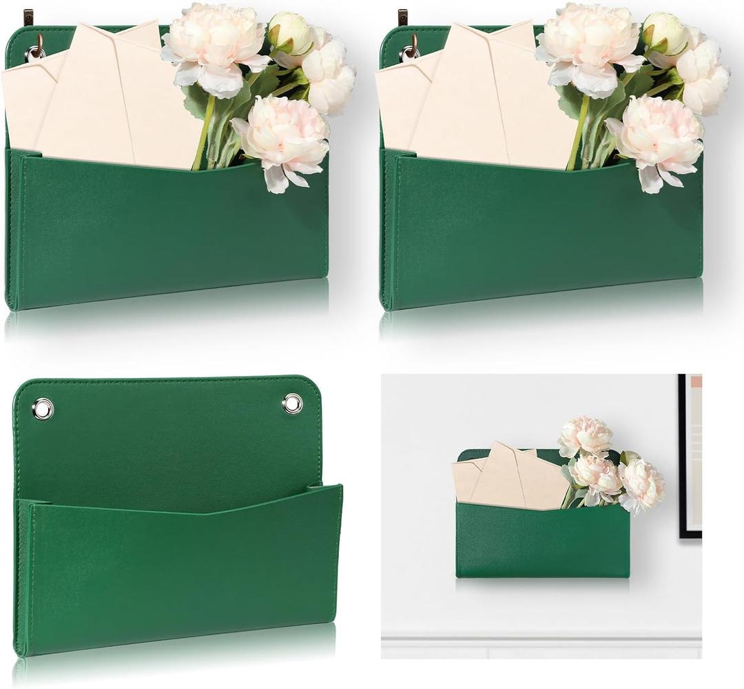 3 PCS Wall Mount PU Leather Mail Holder Green Faux Leather Letter Holder Stylish Wall Hanging Mail Storage 2 Ring Wall Mail Organizer for Flowers Envelope Key Notebooks Home Office Decor