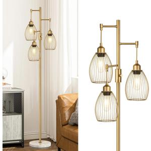Torondo Dimmable Floor Lamps for Living Room, Industrial Standing Lamp with Marble Base, Gold Tree Tall Pole Light with 3 Elegant Teardrop Cage Head & 800 Lumens LED Bulbs for Bedroom Office