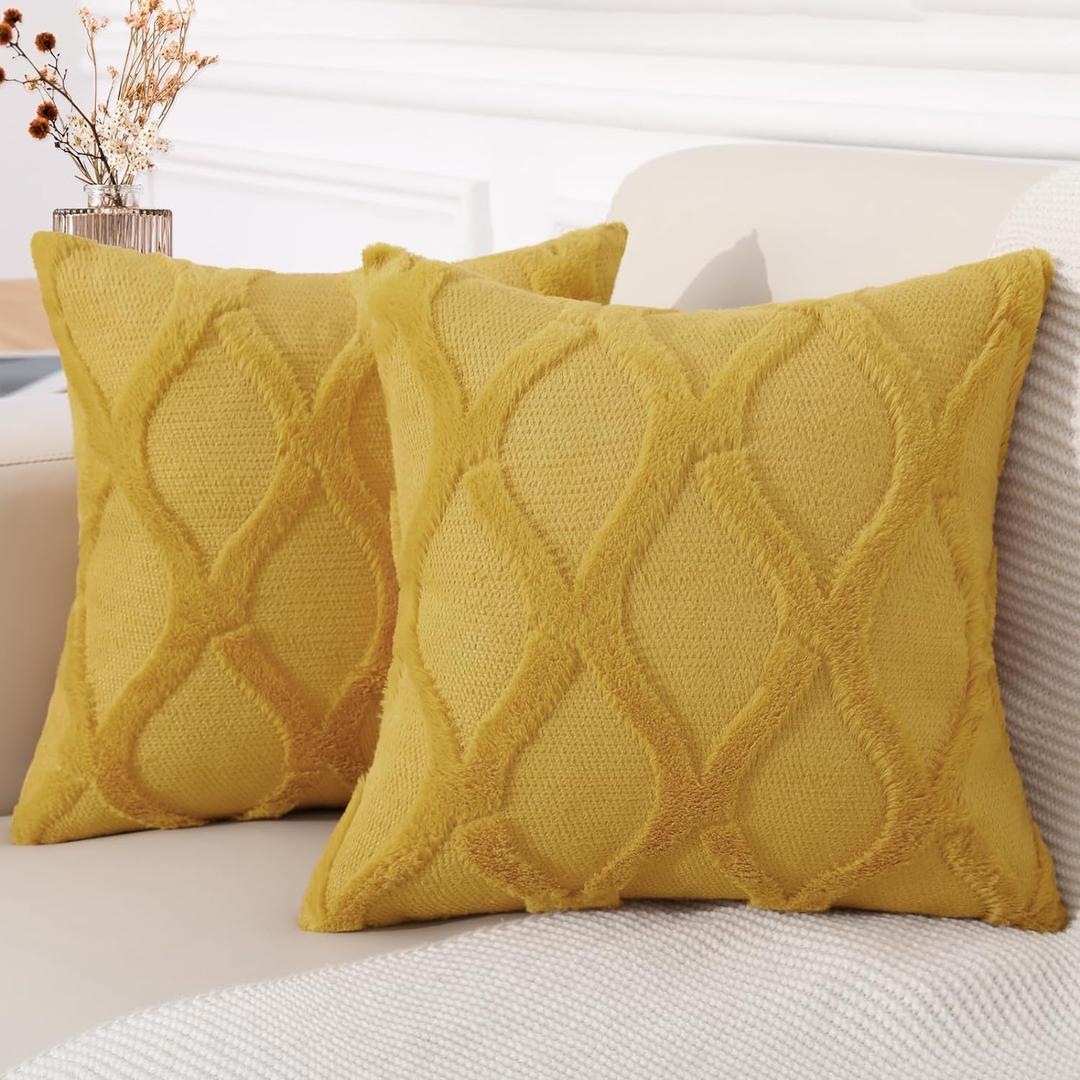decorUhome Summer Euro Sham Throw Pillow Covers 22x22 Inch Set of 2, Soft Plush Faux Fur Wool Mustard Yellow Accent Couch Pillow Covers for Modern Farmhouse Bed Sofa Living Room