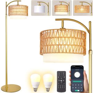 Bohemian Rattan Floor Lamp for Living Room - Golden Arc Design, 12W LED (1 in use + 1 Spare), Remote & Dimmable 3 - Color Temp, Tall Standing Lamp (Small)