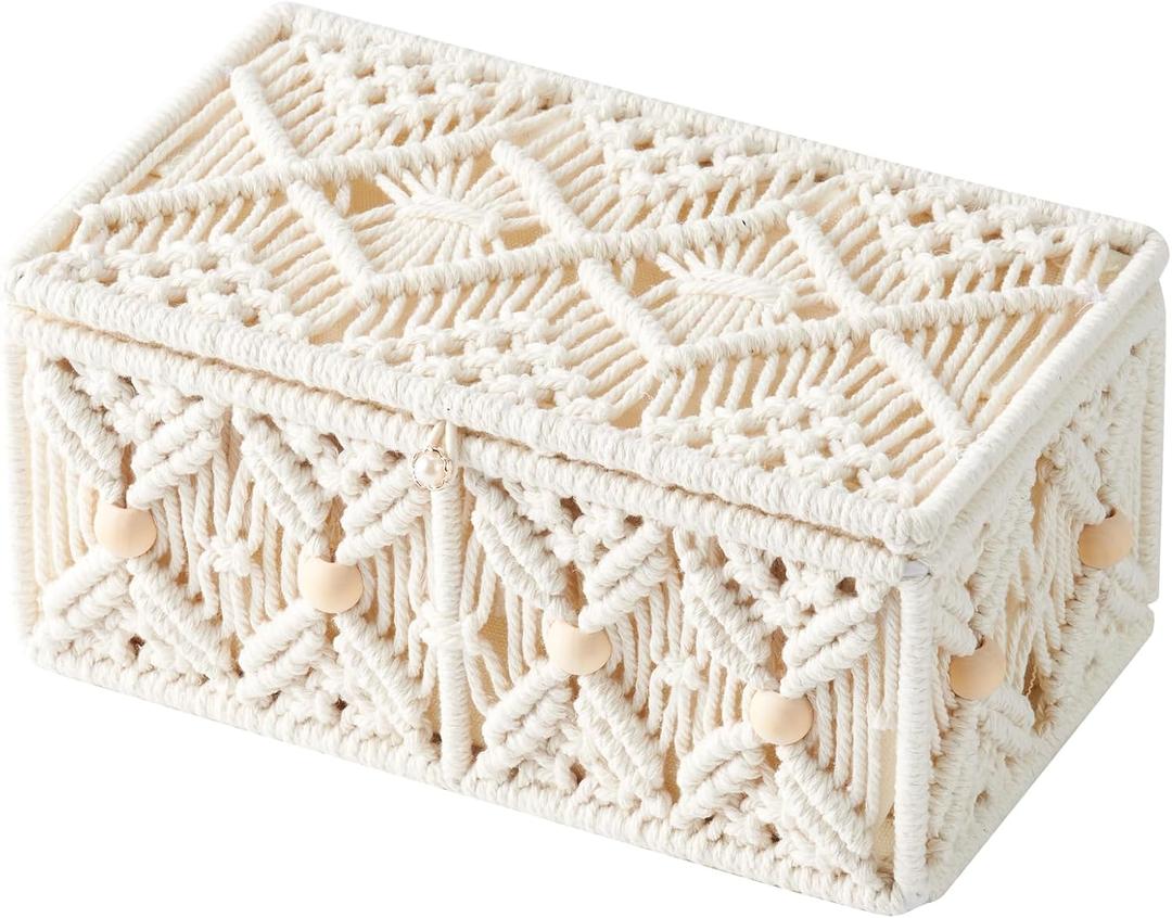 Boho Macrame Storage Basket with Lid Organza Gift Bags Decorative Wood Beads Bohemian Jewelry Box Bin Handmade Woven Natural Cotton Desk Makeup Organizer Shelf Container (Small Size)