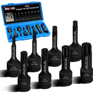 8PCS Torx Star 6 Point Impact Bit Socket Set, T30 T40 T45 T50 T55 T60 T70 T80 1/2-Inch Impact Drive Allen Socket Kit, Cr-Mo Steel Socket Remover Hand Repair Tool