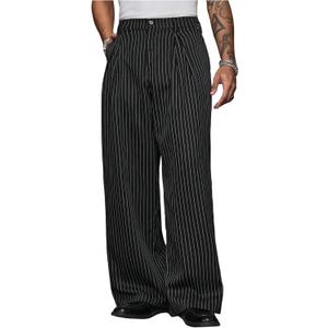 GORGLITTER Men's Striped Baggy Dress Pants Casual Wide Leg Pleated Trousers 2025 Streetwear with Pockets (X-Large, Black)