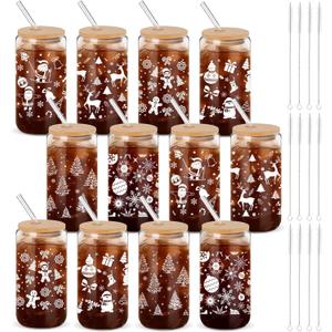 12 Pack Winter Glass Cups Gifts 16 oz Snowflake Glass Tumblers with Lids Straws Brushes Winter Christmas Coffee Cups for Women Men Employee Coworkers Holiday Party Favors (Fresh Style)