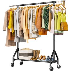 HYSEYY Heavy Duty Clothes Rack Load 450 LBS, Metal Garment Rack, Standing Rolling Clothing Rack for Hanging Clothes with Sturdy Wheels & Shelves, Portable Closet Wardrobe Rack, Black
