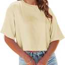 Tankaneo Women Half Sleeve Cropped T-Shirts Drop Shoulder Round Neck Crop Tops Casual Summer Solid Color Basic Tees (Small, 06-beige)