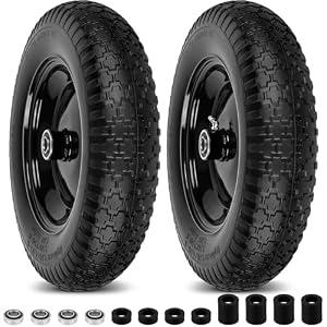 4.80/ 4.00-8" Flat Free Wheelbarrow Tires and Wheels, 14.5" Universal Fit Solid Tires with 5/ 8" or 3/ 4" Bearing, 3"-7" Hub, Adapter Kit Hand Truck Wheels Replacement for 3.50/ 2.50-8", 4.00-6"etc, 2 PCS