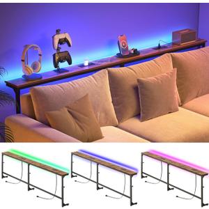 YGEOMER 79in Behind Couch Table Adjustable Height Sofa Table with Charge Station Narrow Console Table with LED Lights, Rustic Brown