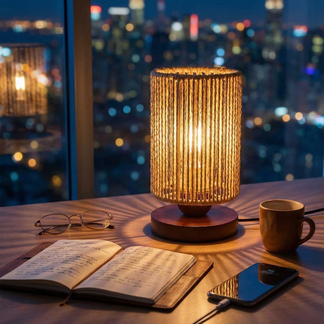 Rattan Table Lamp,Boho Small Beside Lamp,Farmhouse Table Lamp for Room Decor,Vintage Wicker Wooden Nightstand Bamboo Woven End Table Lamps for Bedroom Living Room Desk Kids Room,LED Bulb Included