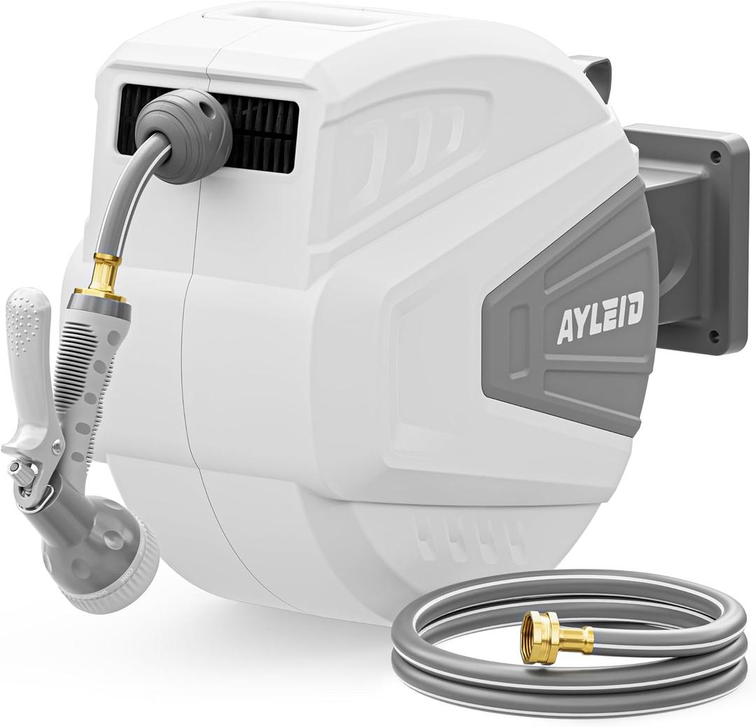 Ayleid Retractable Garden Hose Reel,1/2 in x 100 ft Wall Mounted Hose Reel, with 9- Function Sprayer Nozzle, Any Length Lock/Slow Return System/Wall Mounted/180Swivel Bracket (Gray)