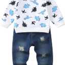 Renotemy Infant Baby Boy Clothes winter Toddler Denim Outfits Pullover Sweatshirt Jeans Pants Little Boys Clothing (2-3T, White)