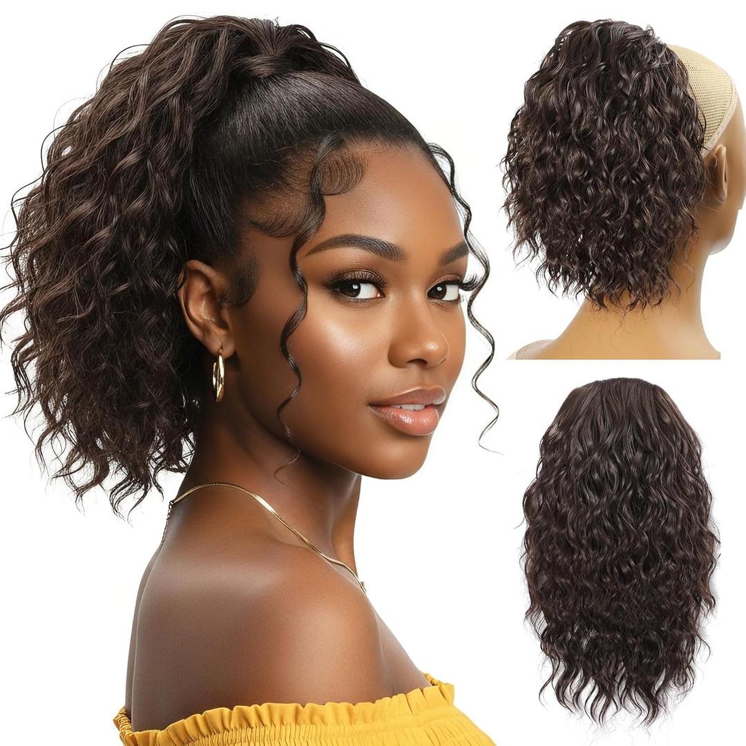 10 inch Ponytail Extension Drawstring Ponytail for Black Women Short Wavy Curly Ponytails Fluffy Natural Looking Pony Tails Hair Extensions Synthetic Hairpiece (4#)