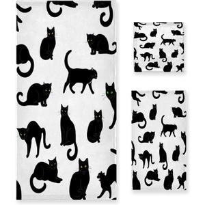 Black Cats 3 Piece Towel Bathroom Sets, 1 Bath Towel, 1 Washcloth, 1 Hand Towel, Cotton Fast Dry Soft Absorbent Towel Set for Home Kitchen Family