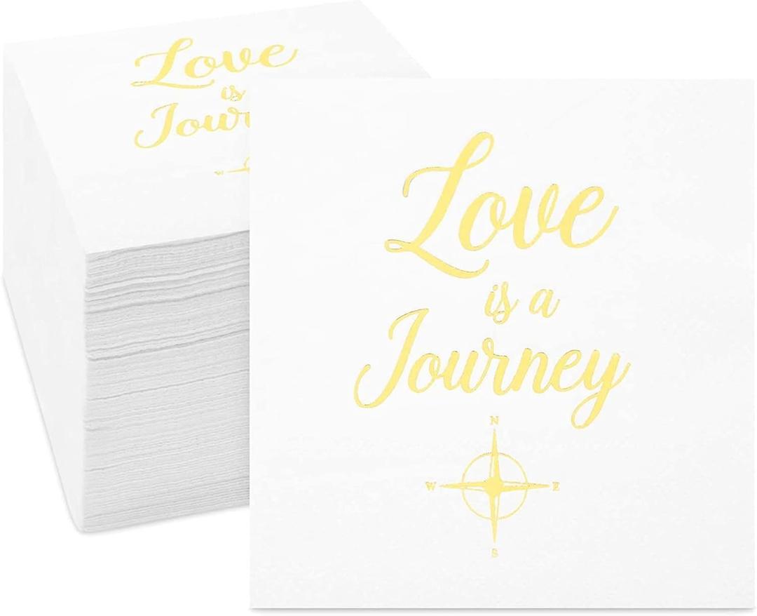 Sparkle and Bash Wedding Cocktail Napkins, Love is a Journey, Gold Foil (5 x 5 In, 100 Pack) - Bridal Shower Decorations