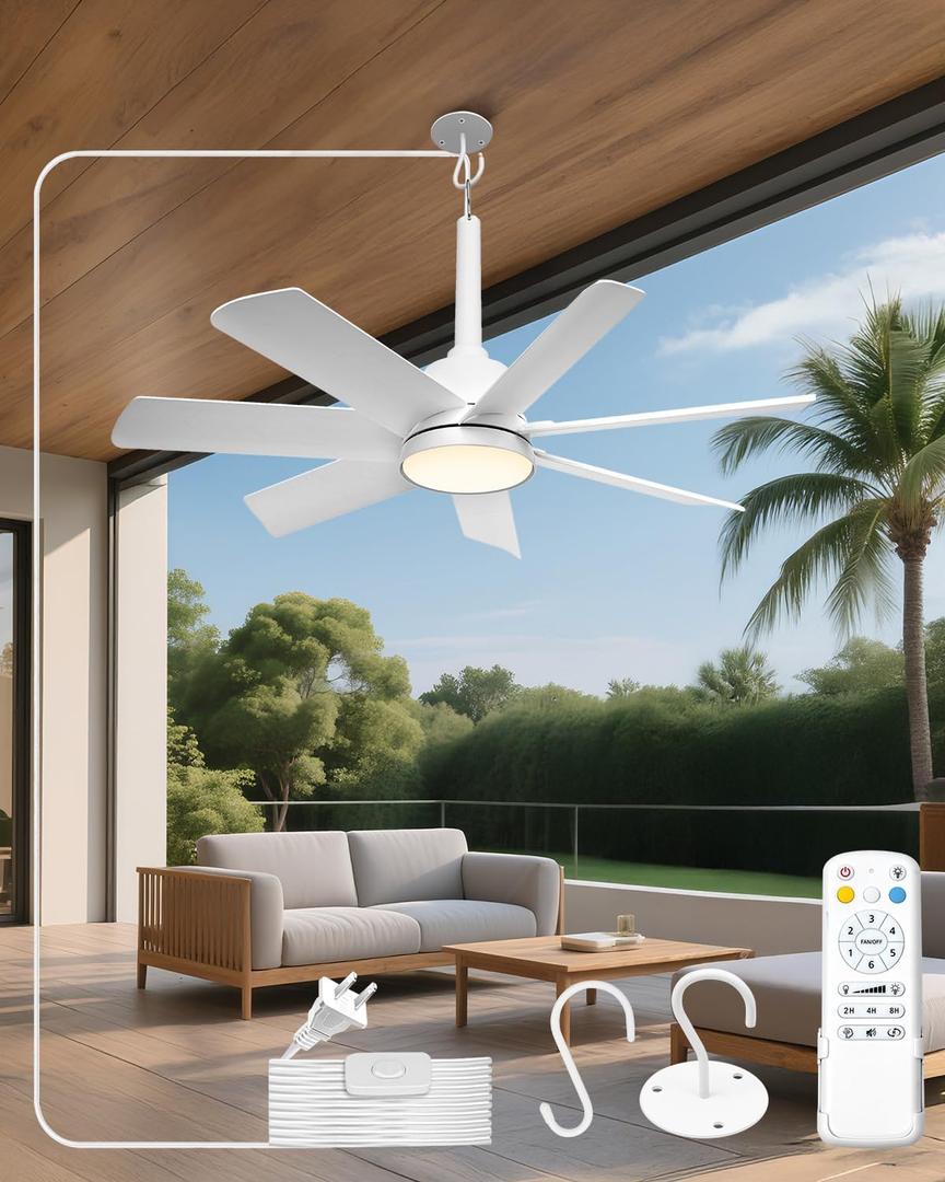Outdoor Ceiling Fan with Light and Remote, 28" LED Fan Light, Gazebo Fan with Hanging Hook, 3000K-6500K, Ceiling Fans with Lights Suitable for Terraces, Porches, Pergolas, and Garages (White)
