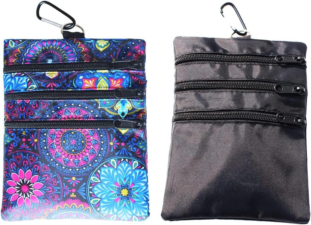 Golf valuables Pouch, Zipper Golf Ball Bag with 4 Pockets, Golf Accessories Pouch for Storing Balls,tees,Mobile Phone,Keys, Cards and Cash, Great Gift for Golfers (2 PACKBLACK+FLORET)