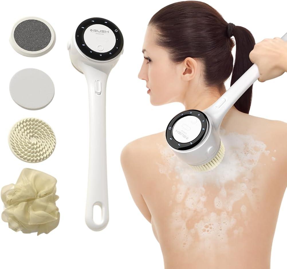 Electric Body Brush Back Scrubber for Shower, Waterproof Long Dual Handle Power Body Scrubber with 5 Heads, Bath Brush 3 Speeds, for Cleansing,Exfoliating and Massaging Skin,Gift for Birthday Holiday