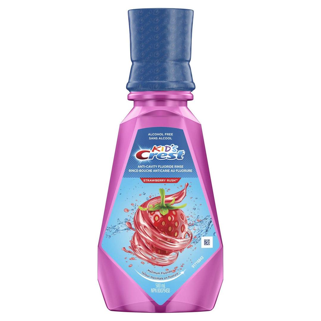 Crest Kid's Anti Cavity Fluoride Mouthwash, Alcohol Free, Strawberry Rush, 500 mL (16.9 fl oz), Pack of 4