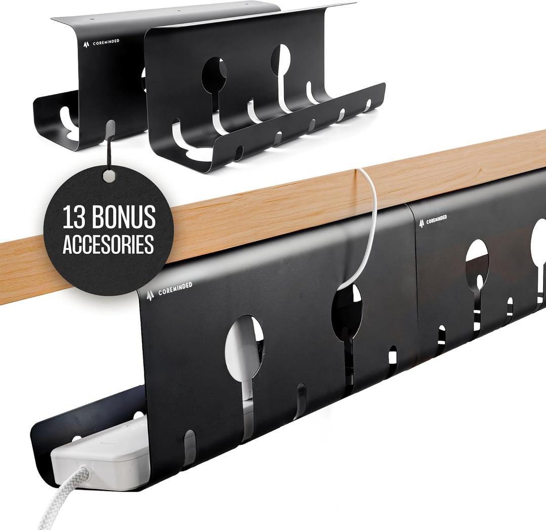 No-Drill Under Desk Cable Management Tray - 2-Pack Wire Organizer for Standing Desk - Cord Management System with Power Strip Holder - L