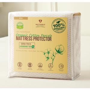Deluxe Cooling Organic Percale Mattress Protector King Size - 100% Waterproof - Crisp, Breathable Percale Feel - OCS Certified 280GSM 3D Air-Knit Breathable Mattress Pad - Noiseless Deep Pocket