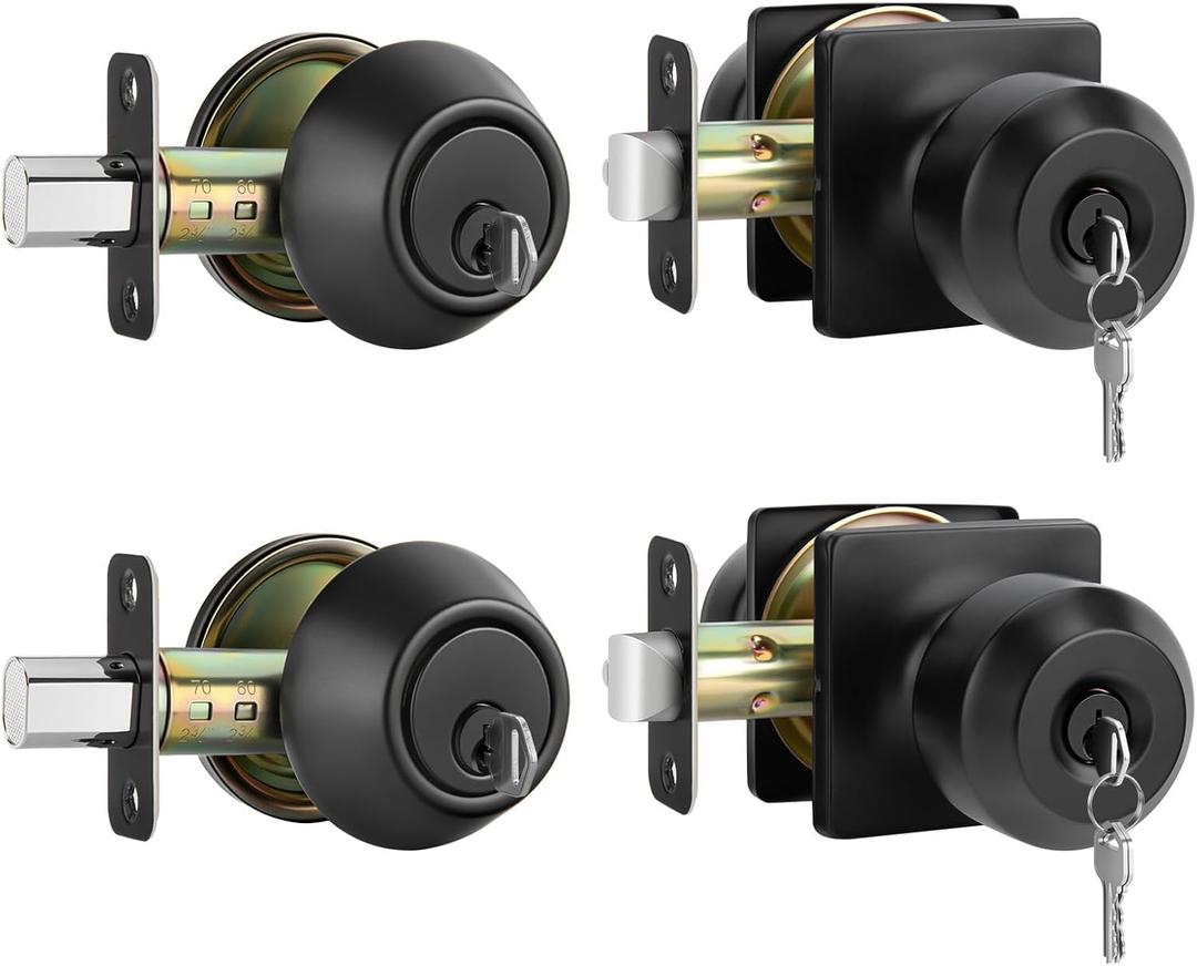 Haidms Entry Black Door Knobs and Deadbolt Combo Set, Keyed Alike - Matte Black Door Knobs with Lock and Keys for Front Door, Exterior, Front Door Lock Set with Single Cylinder Deadbolt -2 Pack