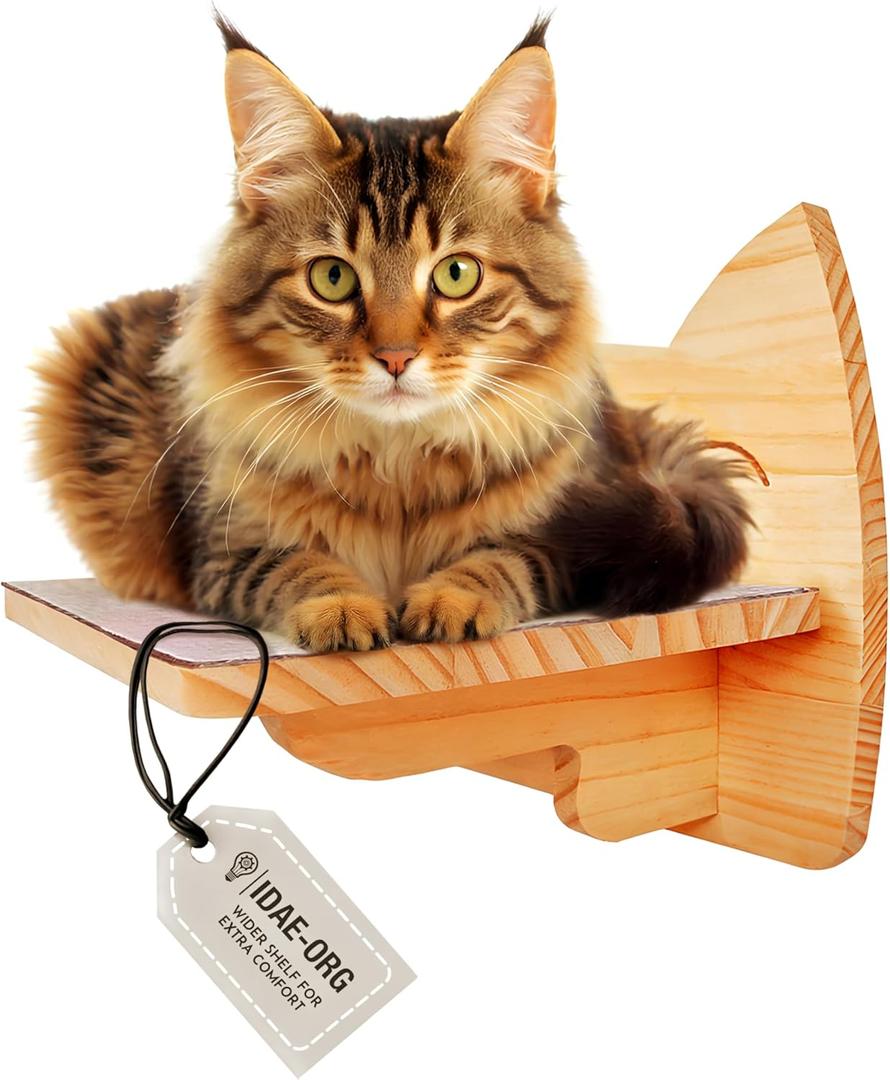 IDAE Cat Wall Shelf  Modern Wall-Mounted Furniture with Face Design  Wooden Perch for Large Indoor Pets  Natural Pine Climbing Shelf
