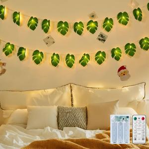 Minetom Monstera Leaf String Lights Battery Operated: 20 LED Tropical Artificial Rattan Palm Green Leaves with Remote Control - Hanging Vine Greenery for Hawaiian Beach Theme Party Summer Decoration