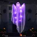 JOYIN Halloween Hanging Light up Ghost with Spooky Purple LED Light, 47 White Ghosts, Halloween Hanging Decoration for Front Yard Patio Lawn Garden Party Decor Indoor Outdoor