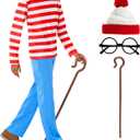 Morph Red and White Stripe Shirt With Hat, Cane and Glasses, Adult Book Character Costume, Halloween Costumes For Adults (Medium)