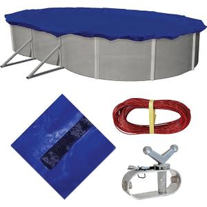 Blue Wave Gold 15-Year 16 ft x 32 ft Oval Above Ground Pool Cover for Winter– Durable & Weather-Resistant Polyethylene – 4 ft Overlap, Black Underside, Reinforced Grommets, Winch, Cable – Royal Blue