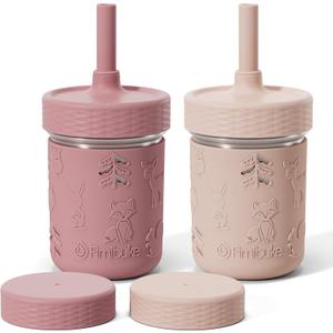 Fimibuke Toddler Cups Spill Proof, 8 OZ Sippy Cups for Kids Girl Boy, Leak Proof Stainless Steel Tumbler with Lid, Silicone Straw & Sleeve, BPA Free Dishwasher Safe Water Bottle Snack Container 2 Pack
