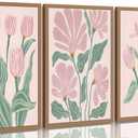 3 Pcs Pink Tulips Flowers Canvas Wall Art Boho Pink and Green Abstract Floral Botanical Paintings Pictures Wall Decor Poster Print Artwork for Living Room Bedroom Home Decoration Unframed (24L"x16W")