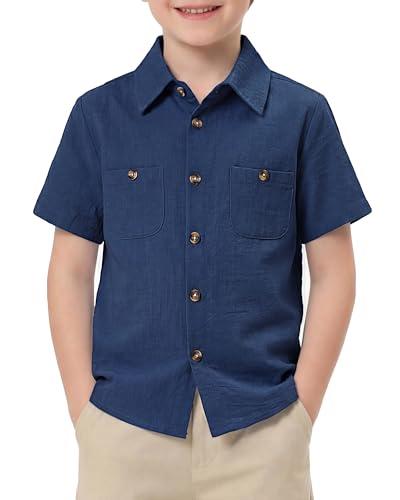 Jecson Boys Dress Shirts Short Sleeve Button Down Cotton Boys Collared Shirt with Pockets Dark Blue 7-8y