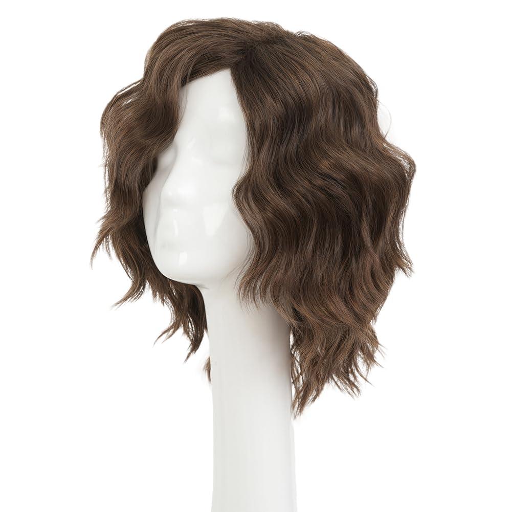 Swiking Short Brown Curly Fluffy Wigs for Men Side Part Anime Wave Hair Wig Cosplay Halloween Costume Unisex Wigs