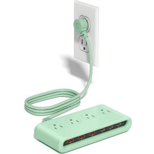 Power Strip with USB Port - 4AC & 6 USB(3USB C), Outlet Extender 5FT | Flat Plug Extension Cord with Multiple Outlets, PD20W Bedside Charging Station for Multiple Devices - Travel Home Office (Green)